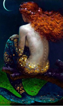 Fantasía popular Painting - VN Sirena rusa bajo la luna Fantasía